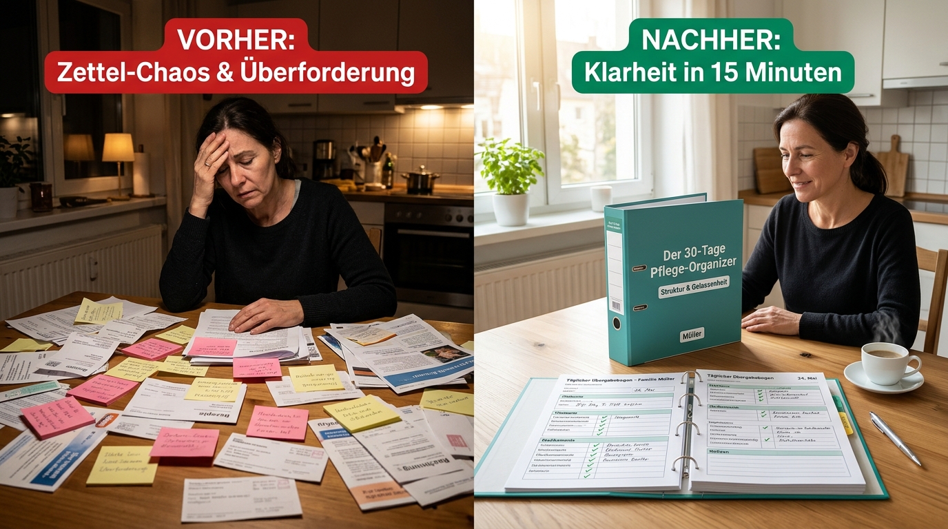 Vorher Zettelwirtschaft vs. Nachher 30-Tage Pflege-Organizer am Küchentisch